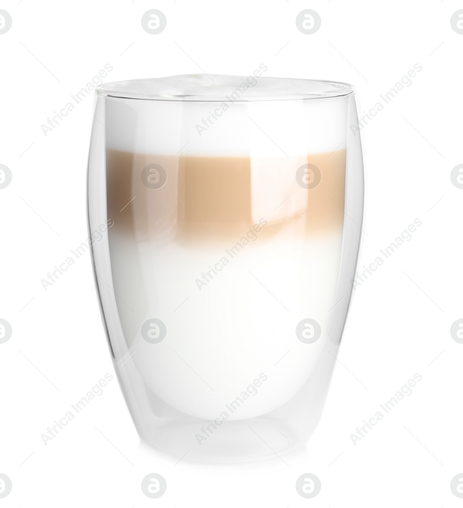 Photo of Glass of delicious latte macchiato isolated on white