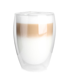 Photo of Glass of delicious latte macchiato isolated on white