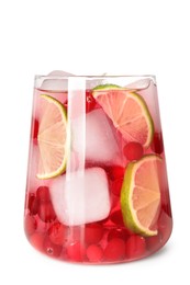 Tasty cranberry cocktail with ice cubes and lime in glass isolated on white