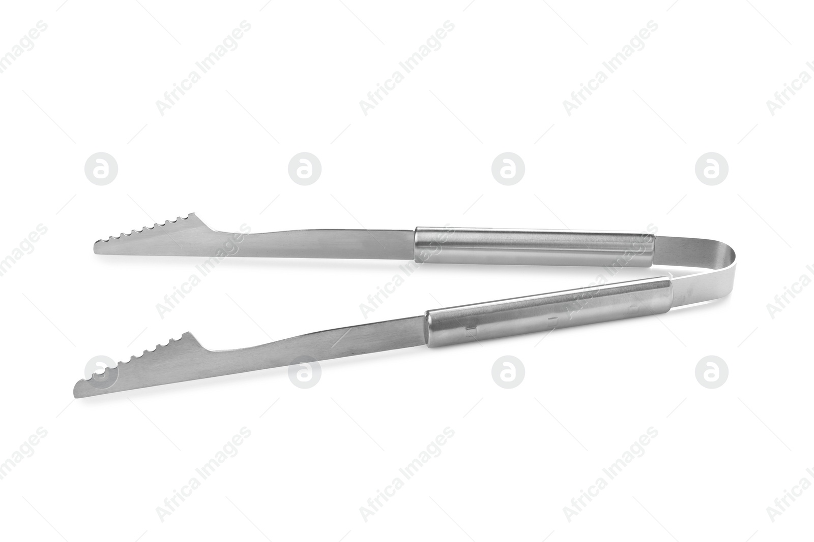 Photo of New metal barbecue tongs on white background