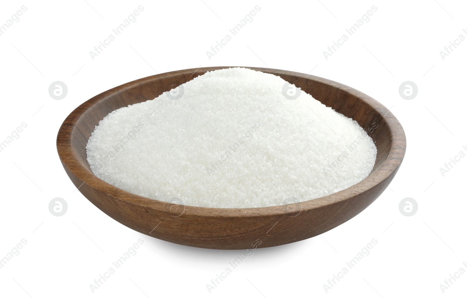 Photo of Granulated sugar in bowl isolated on white