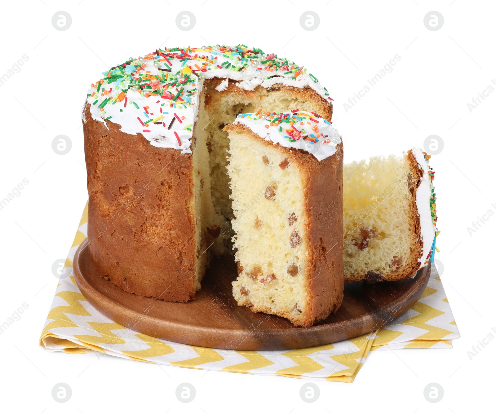 Photo of Traditional Easter cake with sprinkles on white background