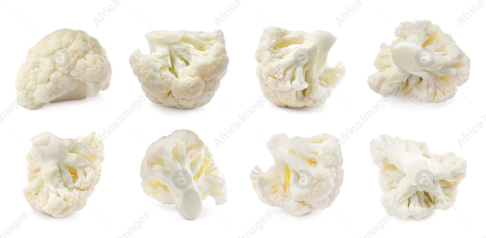 Image of Collage of fresh raw cauliflower florets on white background