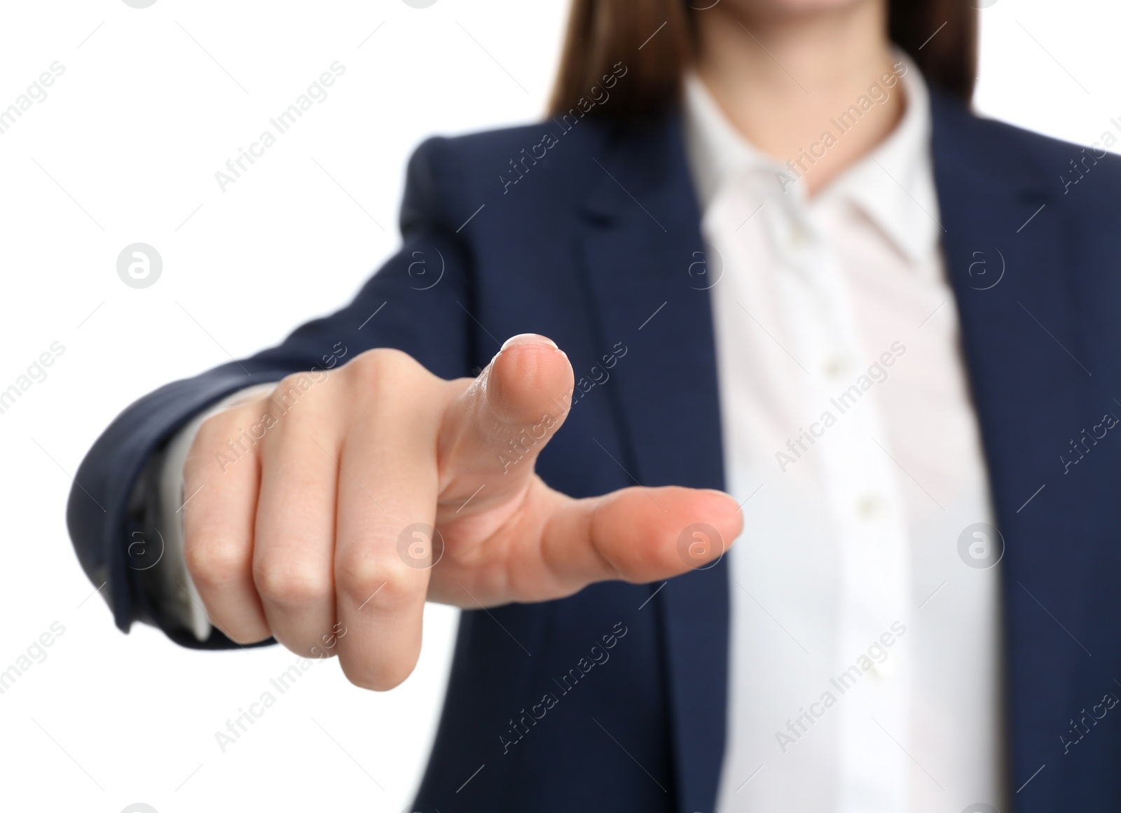 Photo of Young woman against white background, focus on hand