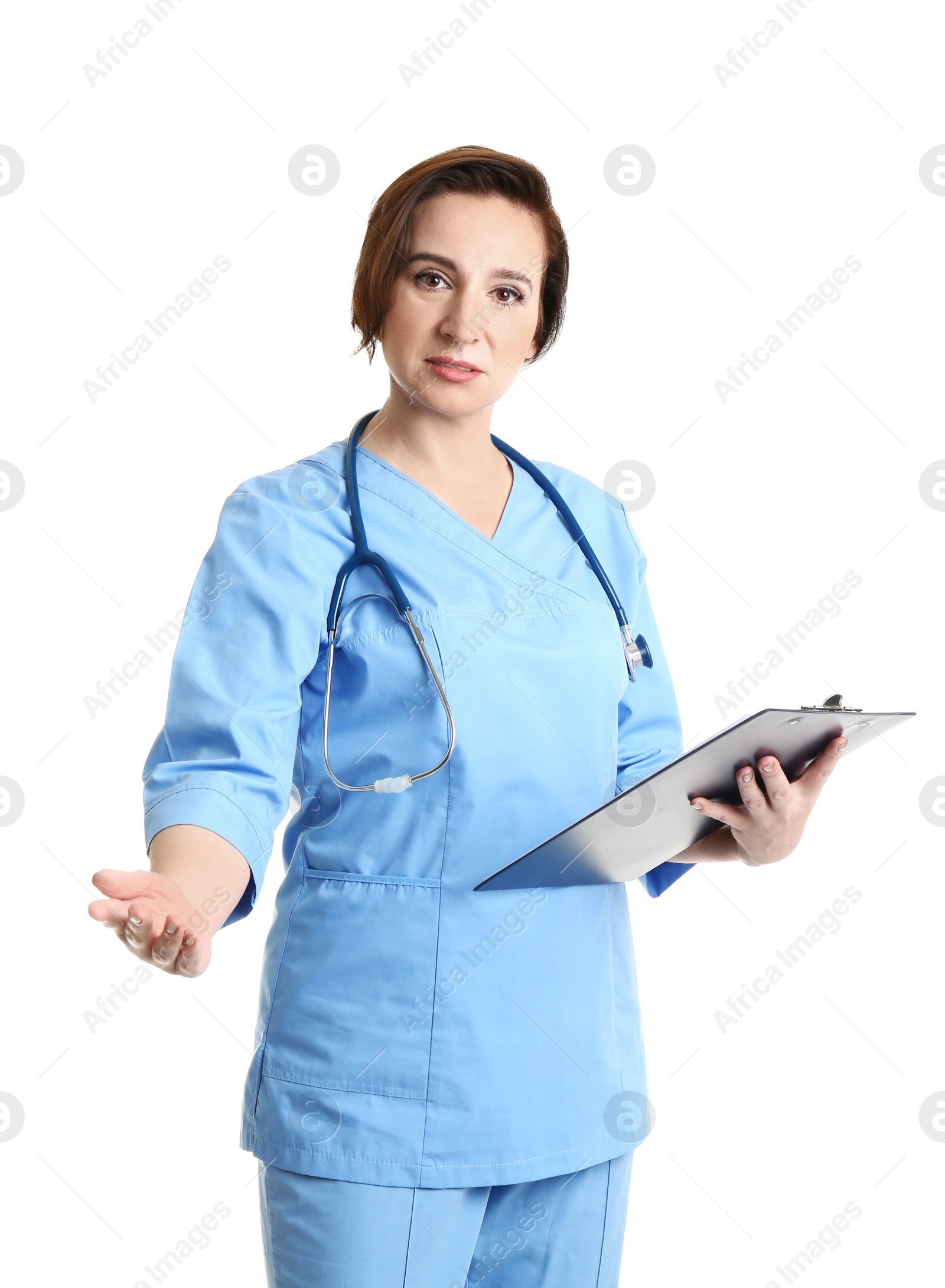 Photo of Portrait of experienced doctor in uniform on white background. Medical service