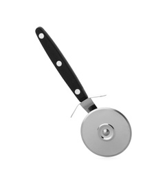 Photo of New pizza cutter with black handle isolated on white