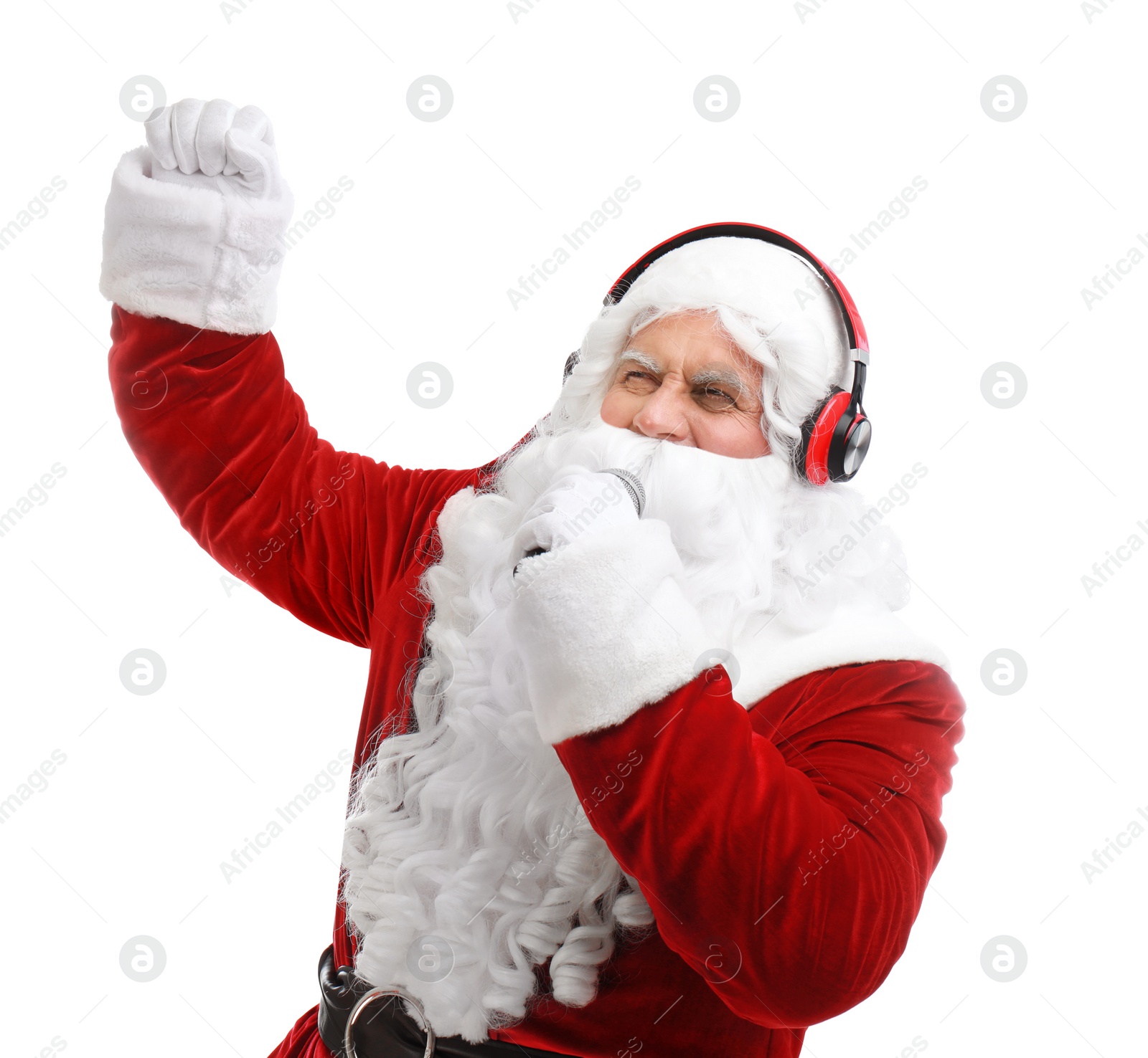 Photo of Santa Claus singing on white background. Christmas music