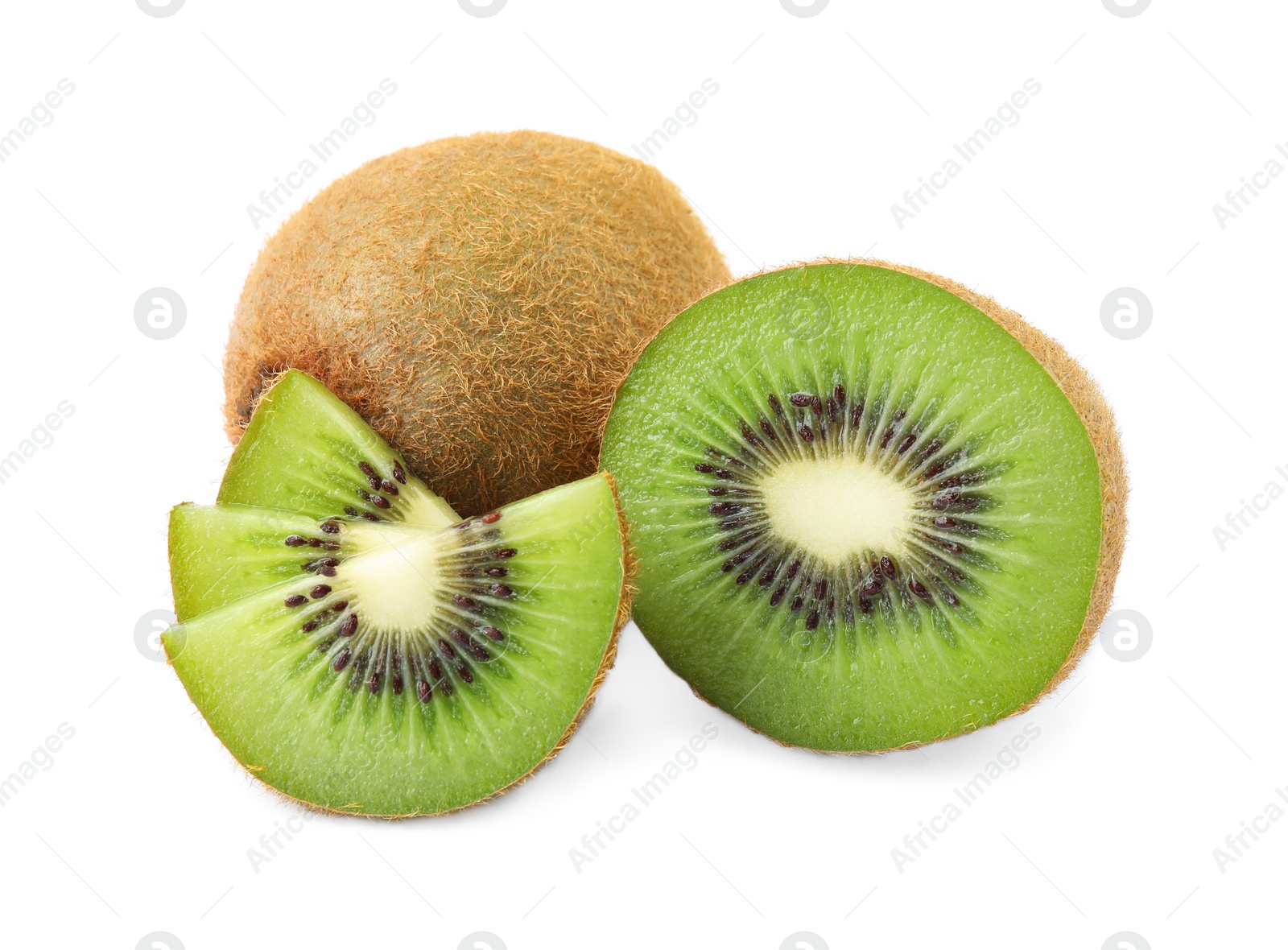 Photo of Cut and whole fresh kiwis on white background