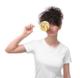 Beautiful woman with lollipop on white background