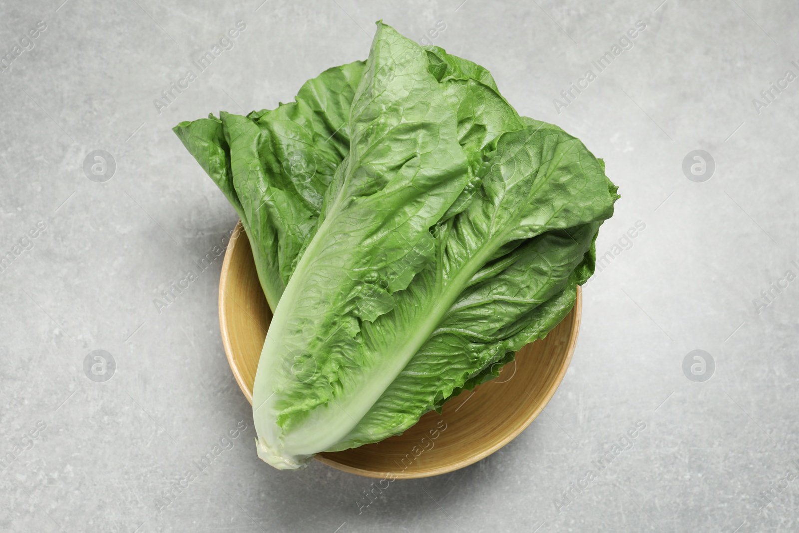 Photo of Fresh green romaine lettuces on light grey table, top view