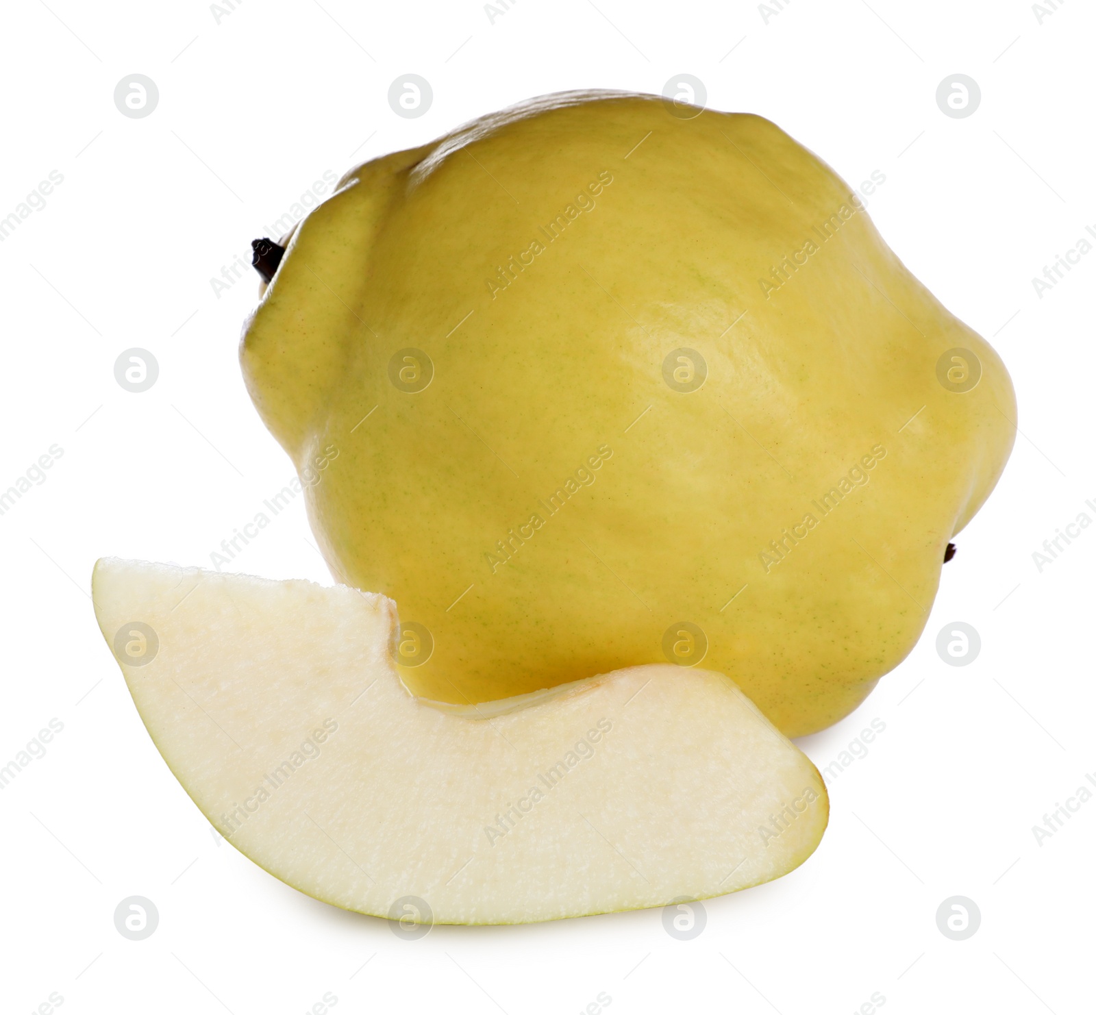 Photo of Whole and cut delicious quinces on white background