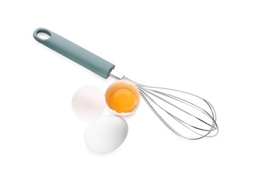 Photo of Whisk, whole and broken egg isolated on white, top view