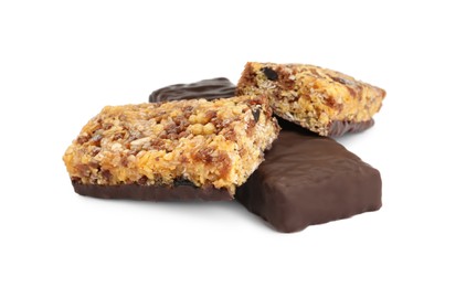 Different tasty protein bars on white background