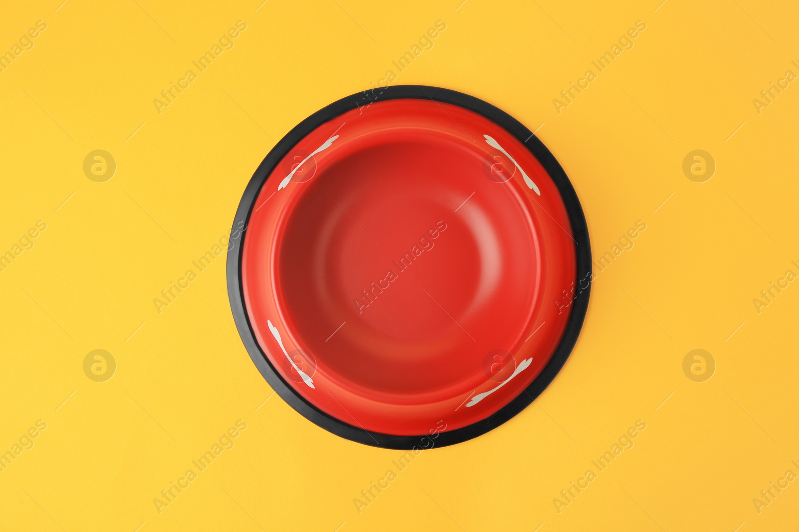 Photo of Empty red feeding bowl on orange background, top view