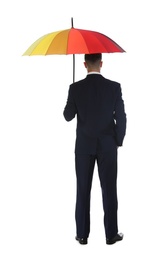 Businessman with rainbow umbrella on white background, back view