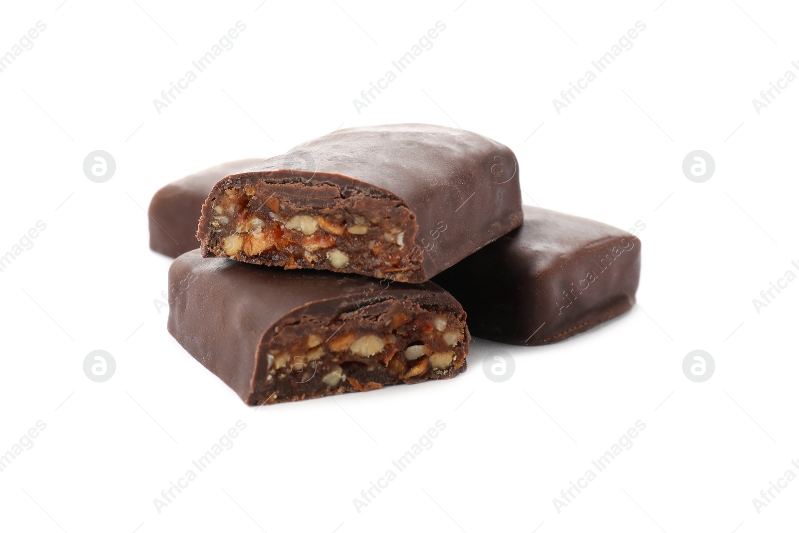 Photo of Tasty glazed protein bars on white background