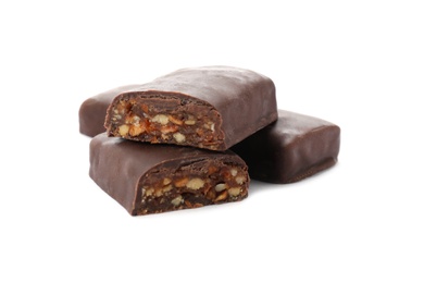 Photo of Tasty glazed protein bars on white background