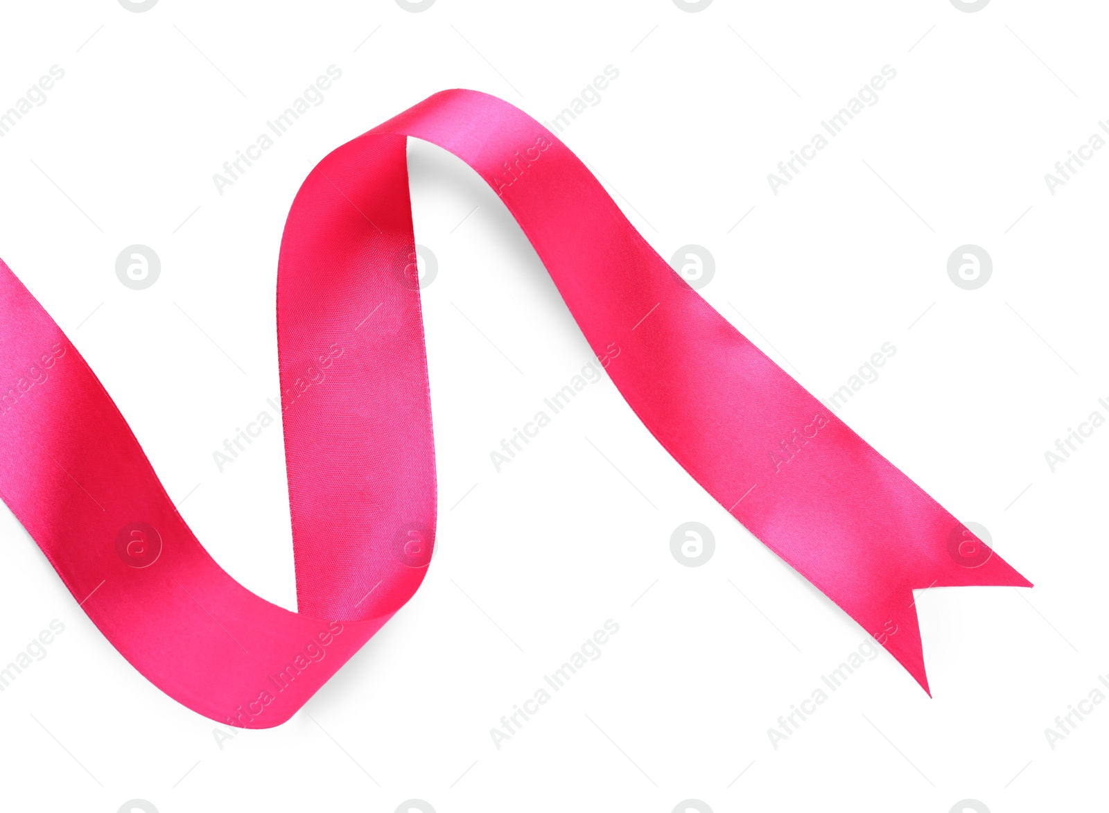 Photo of Beautiful pink ribbon isolated on white, top view