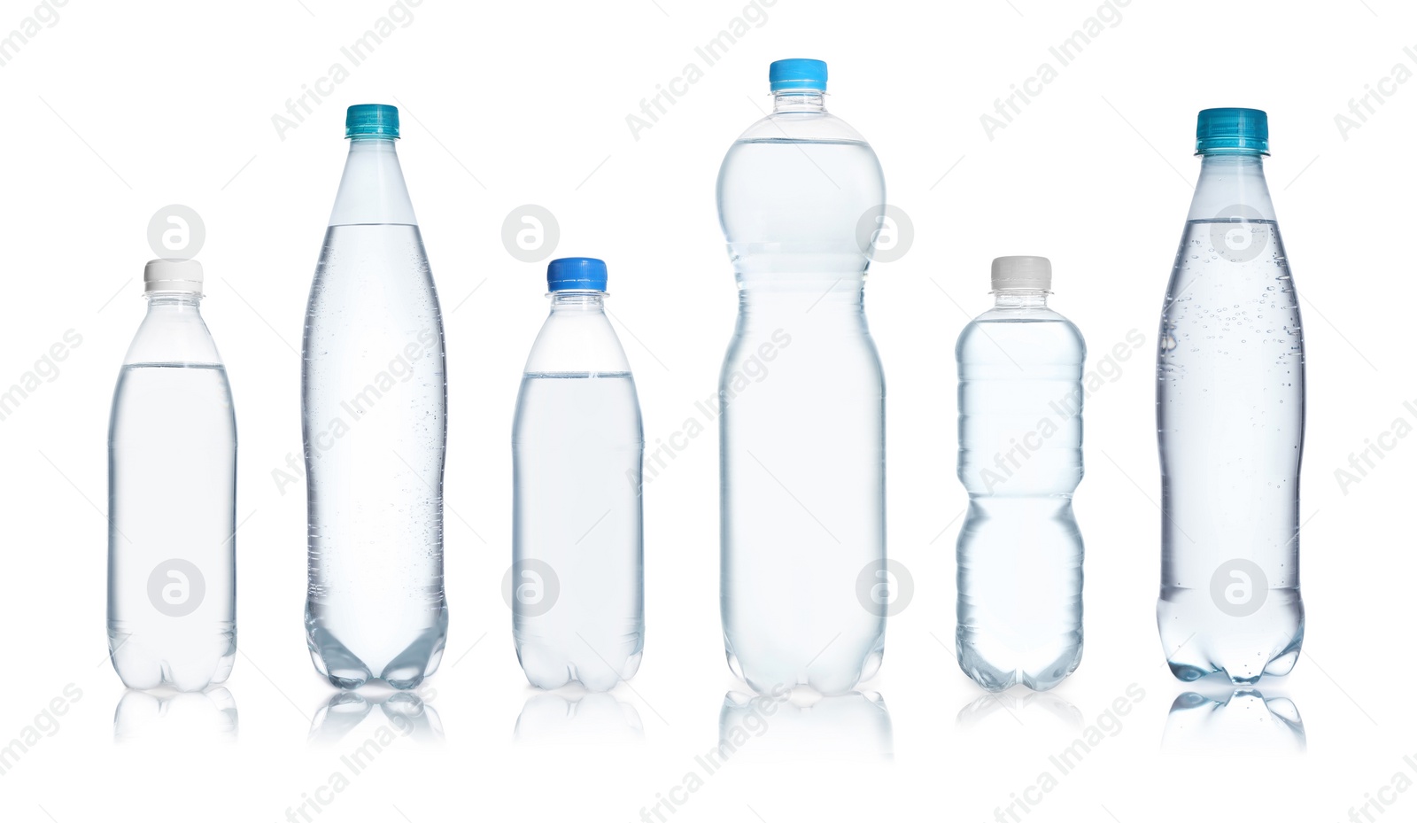 Image of Set with different bottles of pure water on white background. Banner design