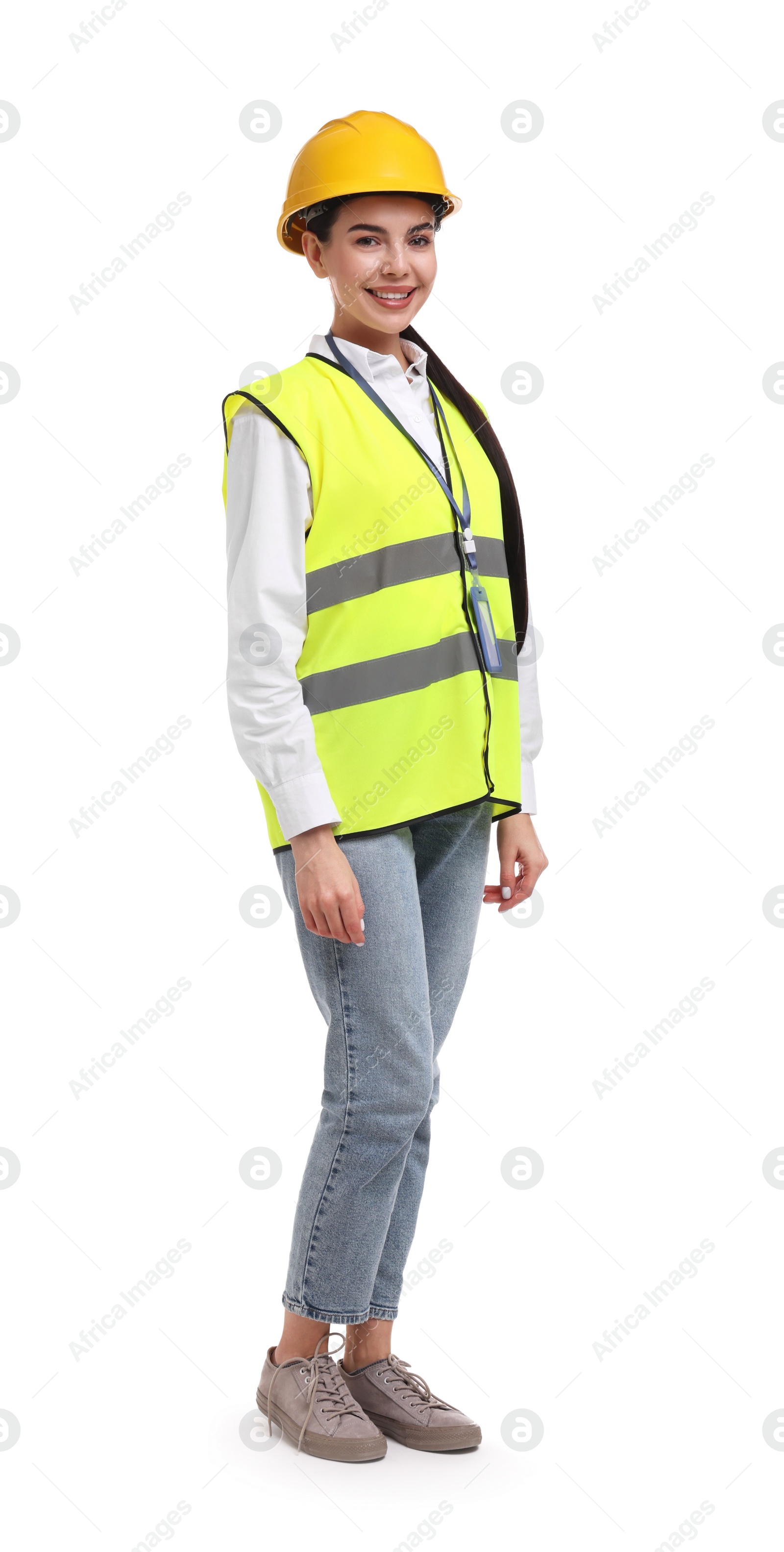 Photo of Engineer with hard hat and badge on white background