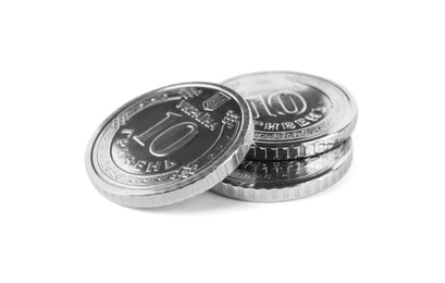 Ukrainian coins isolated on white. National currency