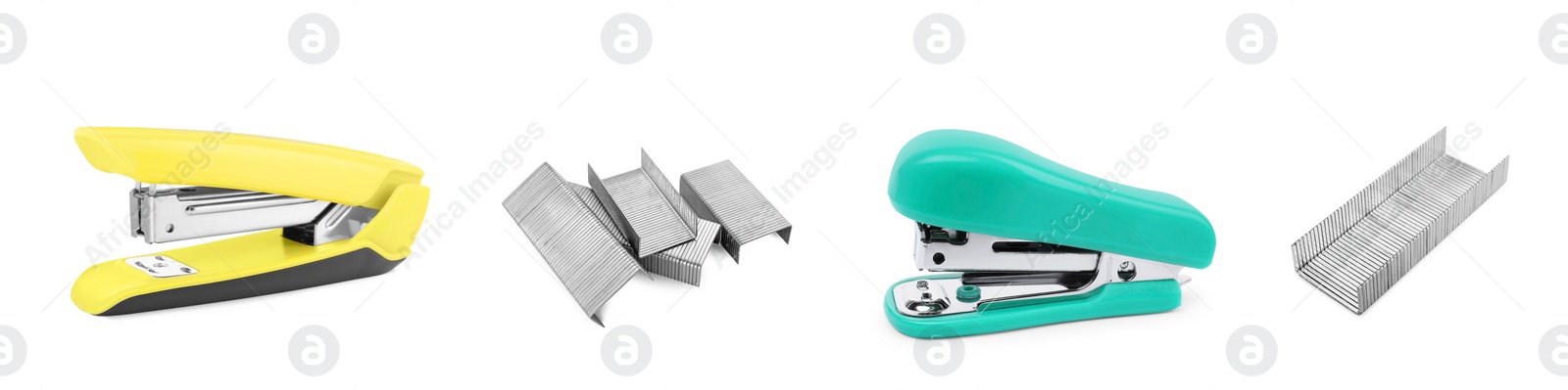 Image of Different colorful staplers and fasteners isolated on white, collection