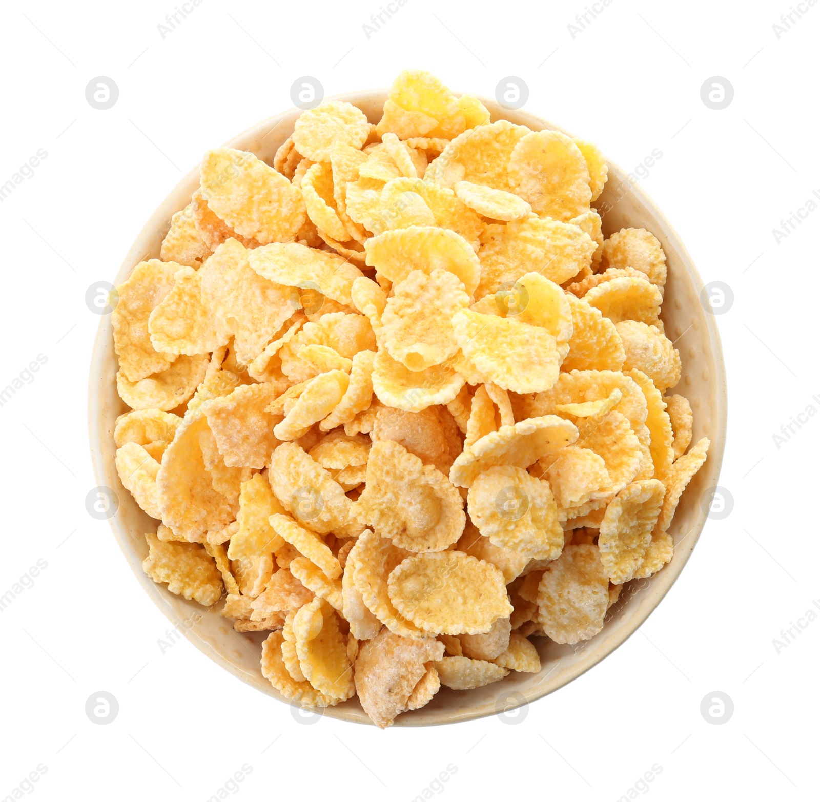 Photo of Bowl with corn flakes on white background. Healthy grains and cereals