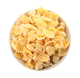 Photo of Bowl with corn flakes on white background. Healthy grains and cereals