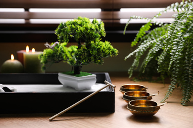 Beautiful miniature zen garden, candles and oil lamps near window indoors