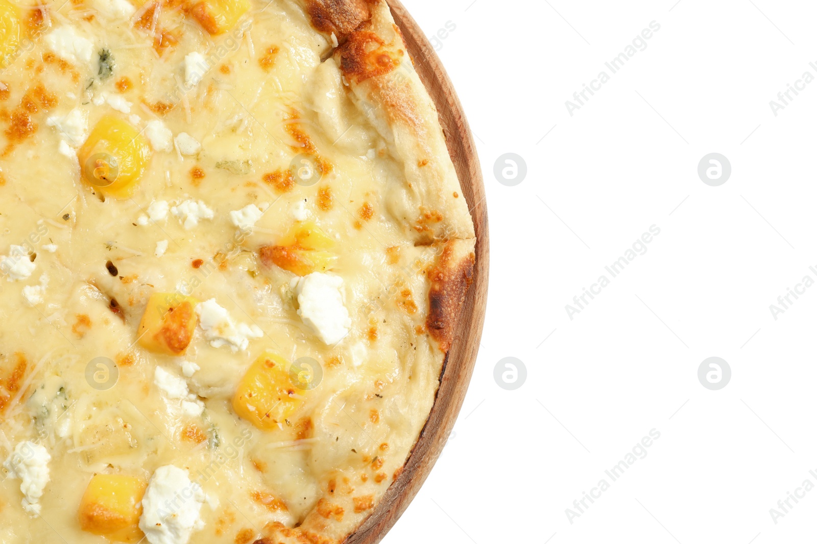 Photo of Hot cheese pizza Margherita on white background, top view. Space for text