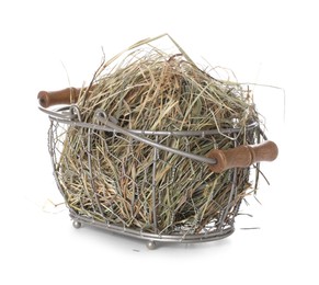 Dried hay in metal basket isolated on white