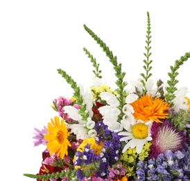 Photo of Bunch of beautiful wild flowers on white background