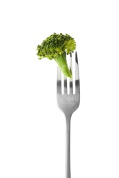 Fork with tasty broccoli isolated on white