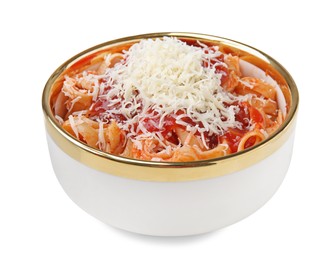 Photo of Delicious pasta with tomato sauce and parmesan cheese isolated on white