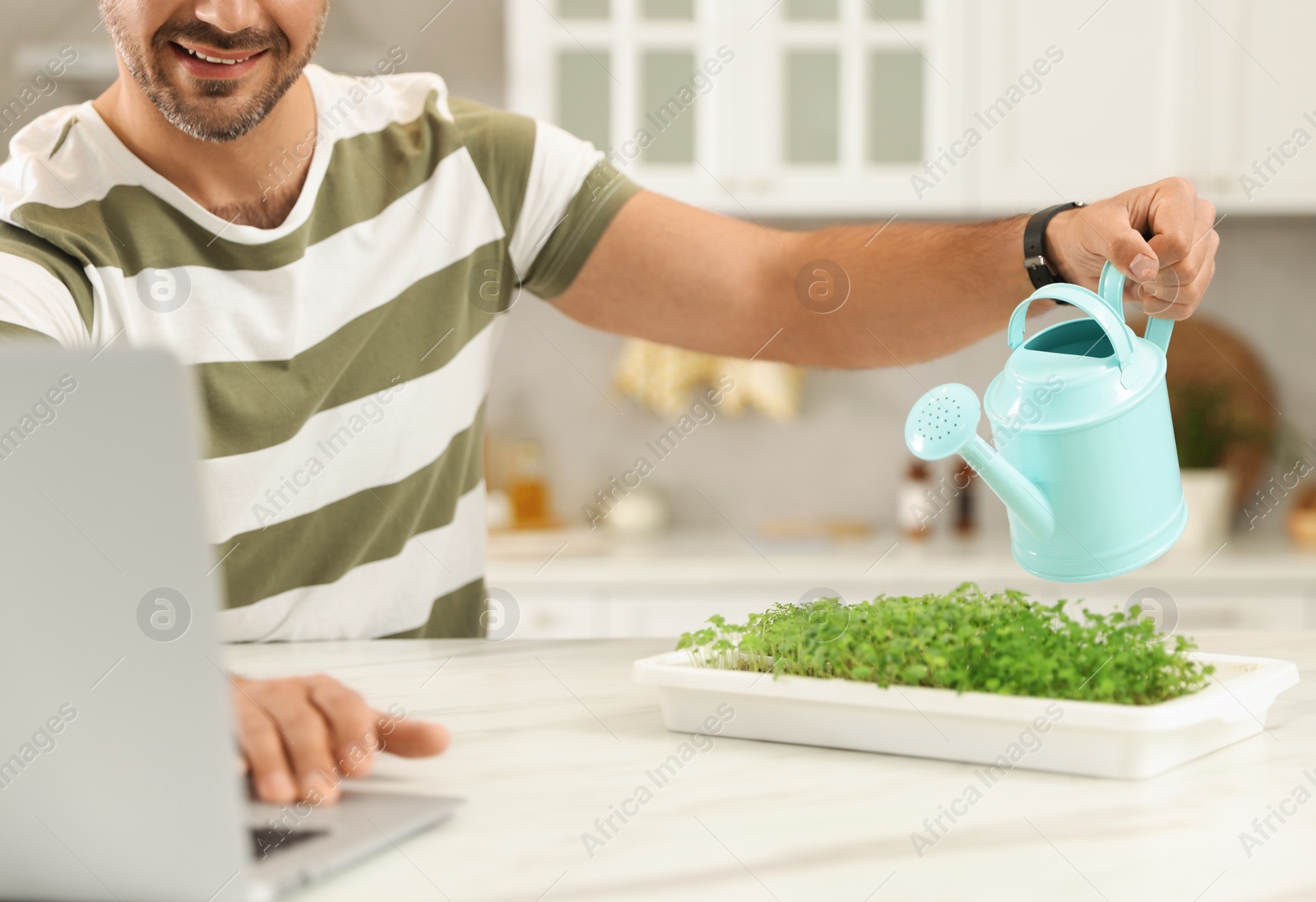 Photo of Teacher with microgreens and watering can conducting online course in kitchen, closeup. Time for hobby