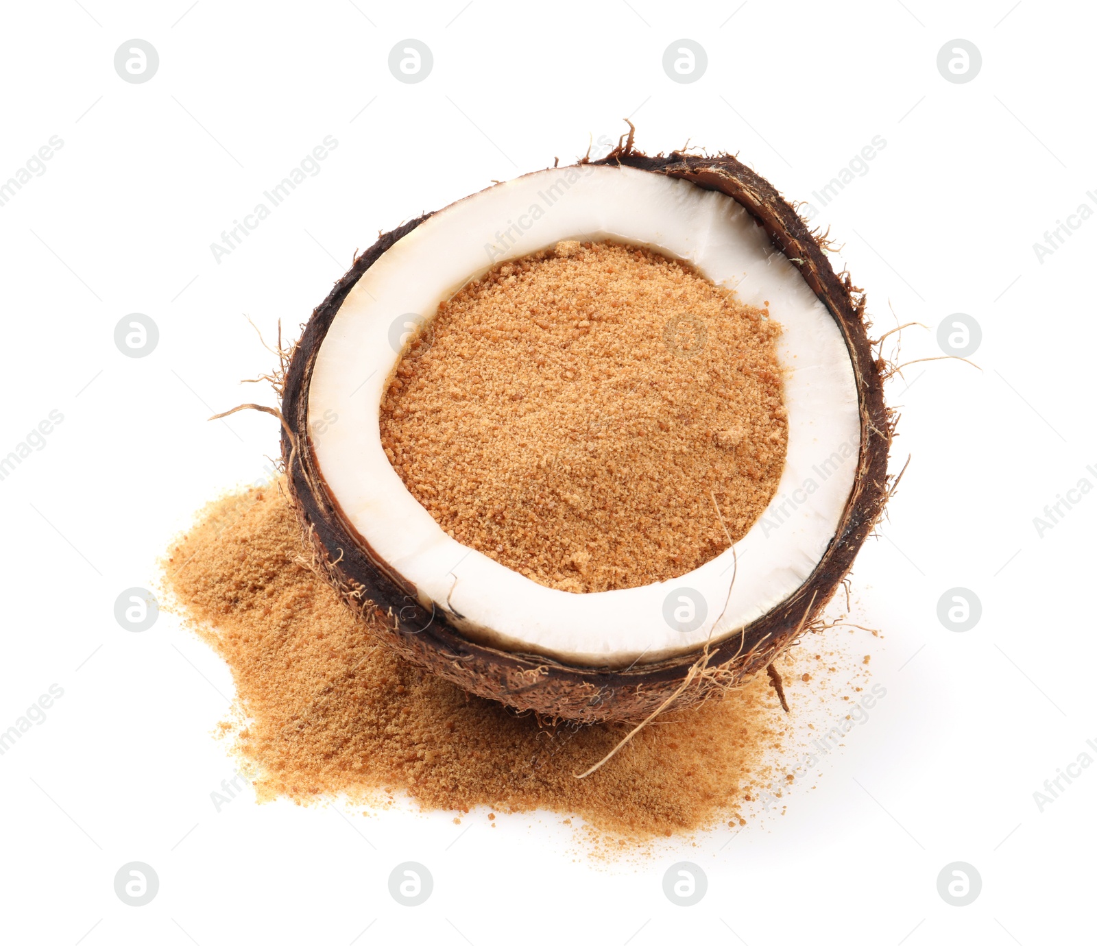 Photo of Coconut sugar and fruit isolated on white