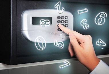 Image of Woman pressing buttons on keypad to lock steel safe, closeup. Numbers symbolizing code combination flying around