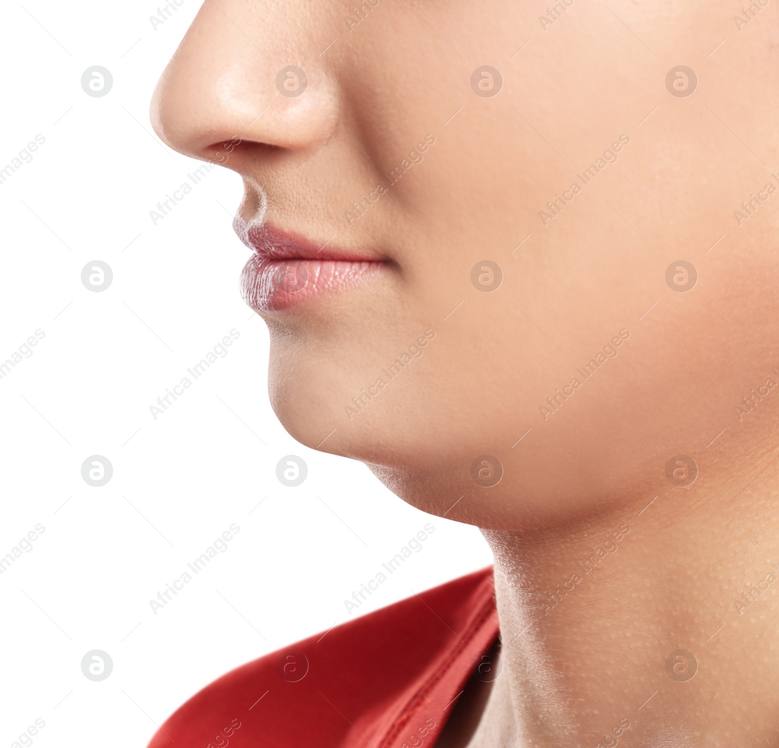 Photo of Young woman with double chin on white background, closeup