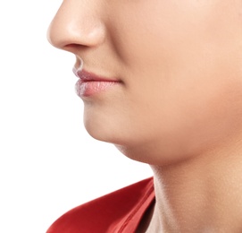 Young woman with double chin on white background, closeup