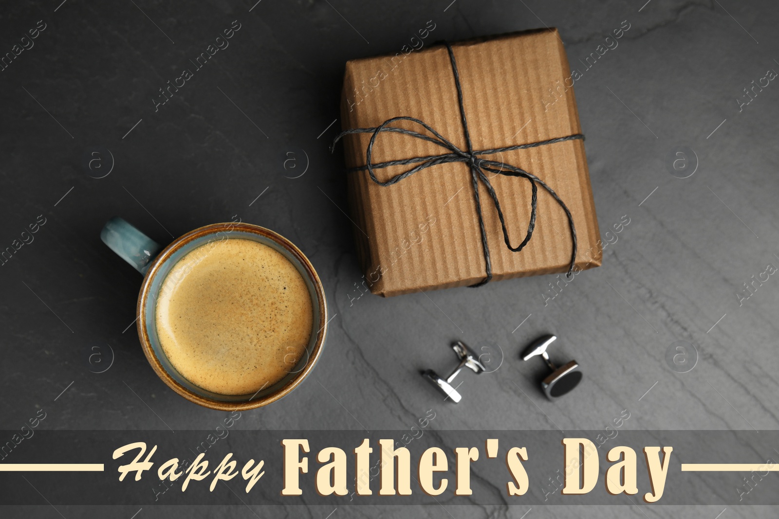 Image of Cup of coffee, gift box and cuff links on black table, flat lay. Happy father's day