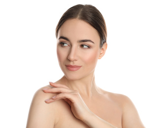 Portrait of young woman with beautiful face on white background