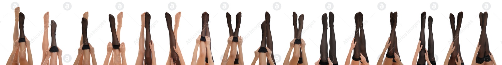 Image of Collage of young woman putting on stockings against white background, closeup