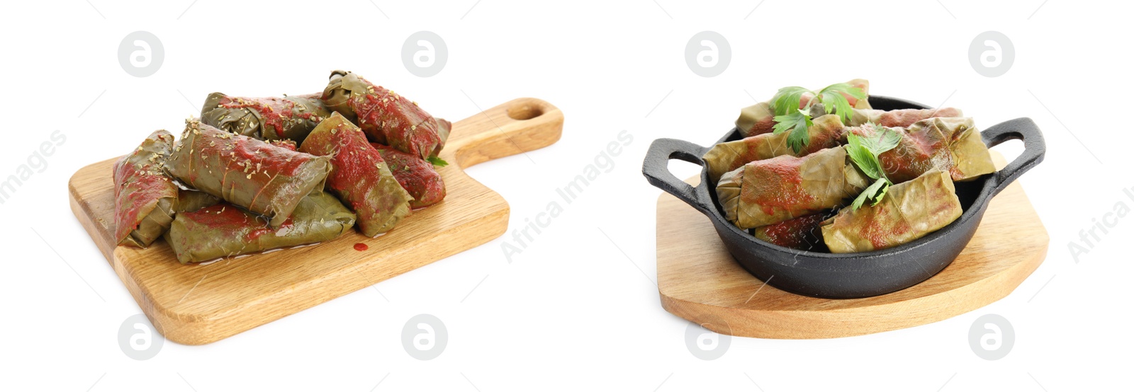 Image of Delicious stuffed grape leaves with tomato sauce on white background, collage. Banner design 