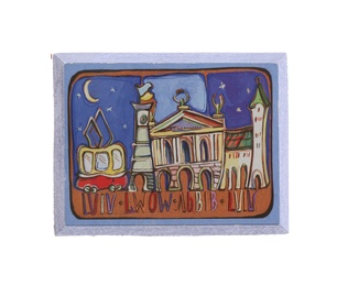 MYKOLAIV, UKRAINE - DECEMBER 24, 2018: Souvenir fridge magnet from Lviv on white background