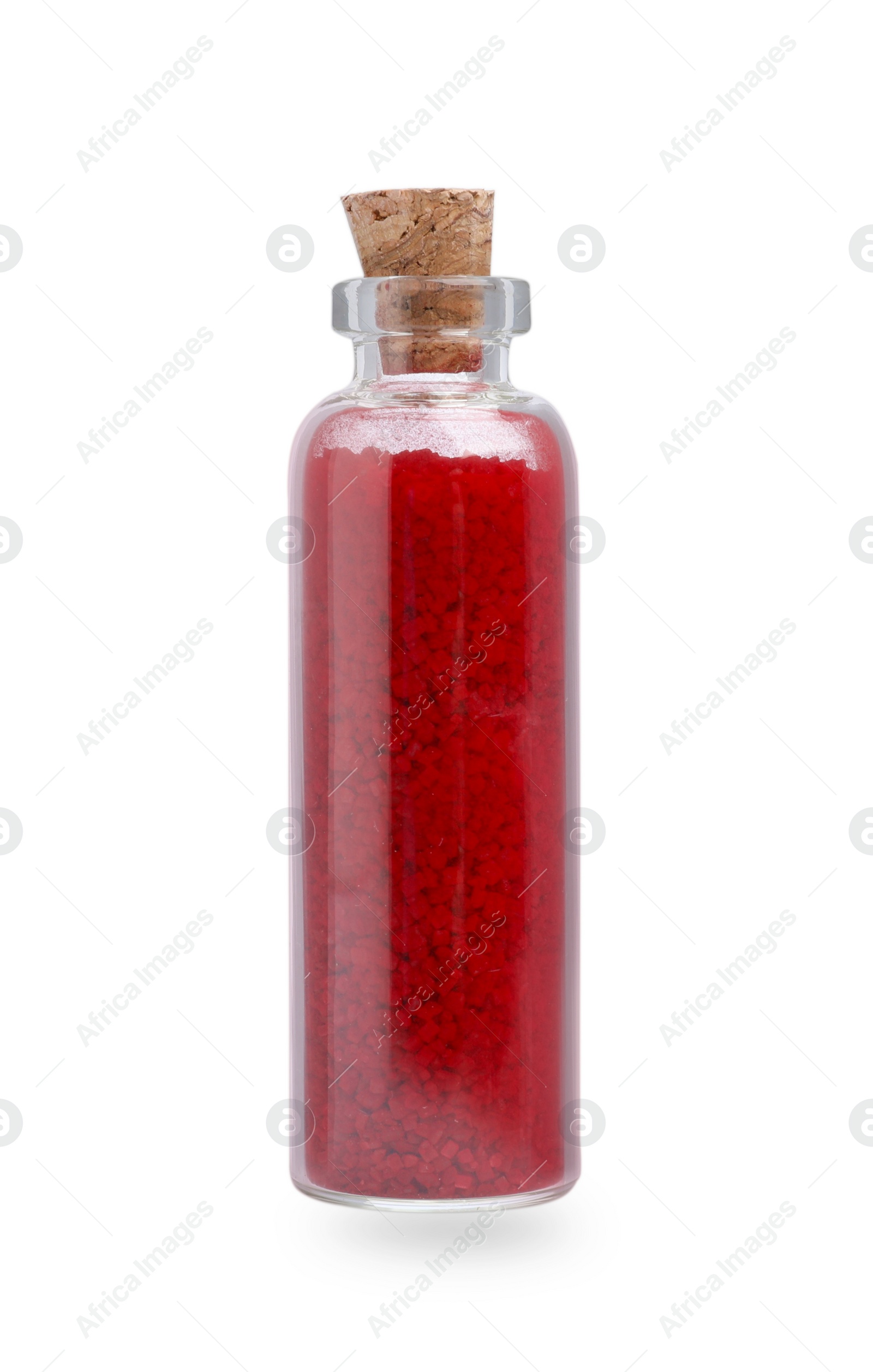 Photo of Glass bottle of red food coloring isolated on white