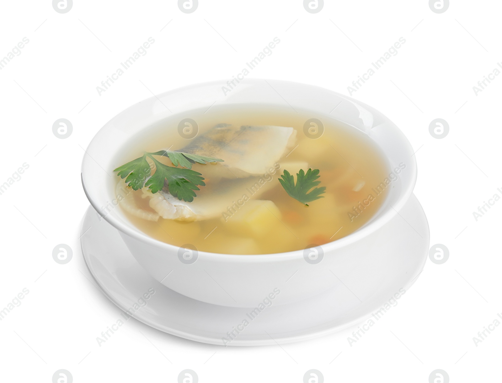 Photo of Delicious fish soup in bowl isolated on white