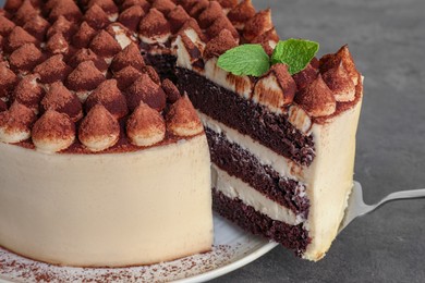 Photo of Delicious tiramisu cake with mint leaves and server on grey table, closeup