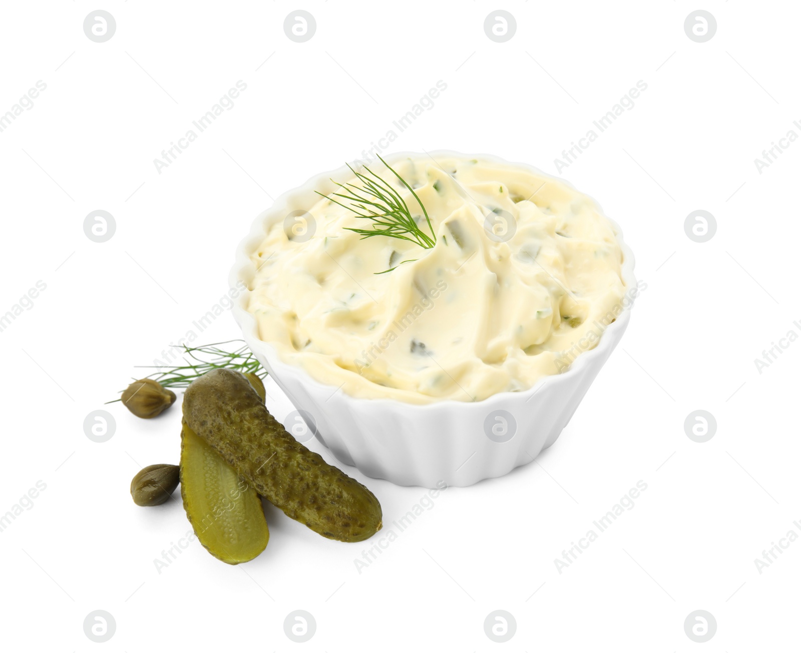 Photo of Tartar sauce and ingredients on white background