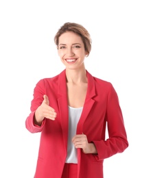 Businesswoman in elegant suit on white background