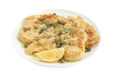 Delicious chicken piccata with herbs isolated on white